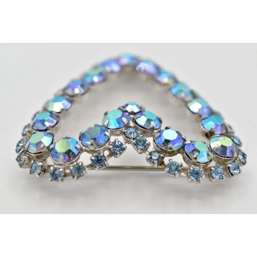 Vintage Crystal Heart Pin Brooch Blue Aurora Borealis Prong Rhinestone 60s BinBI